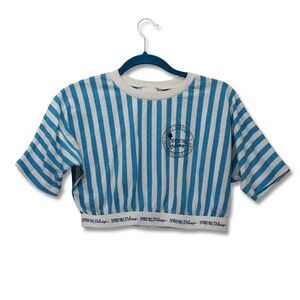 Vintage Beverly Hills Blues Striped Crop Top Womens Large Blue White Excellent